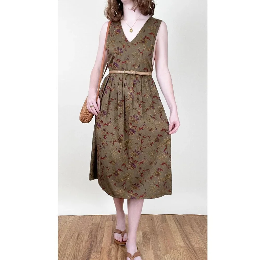 Vintage Floral Pinafore Midi Maxi Dress Pleated Relaxed Fit Whimsigoth Rustic - Picture 1 of 8